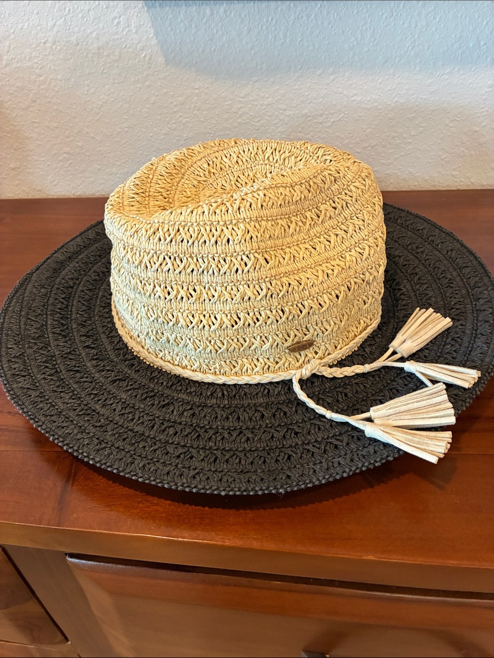 Aqua Two-Tone Braided Straw Sun Hat in Natural & Black with Tassels